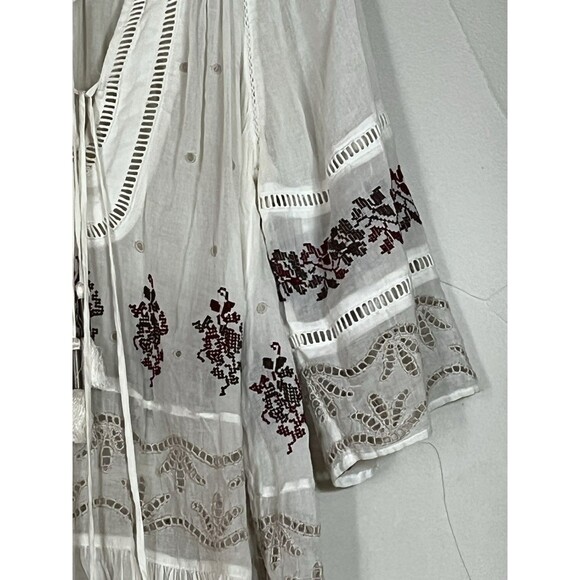 Free People White Cotton Gauze Embroidered Peasant Boho Semi Sheer tunic, SZ S - Picture 8 of 16
